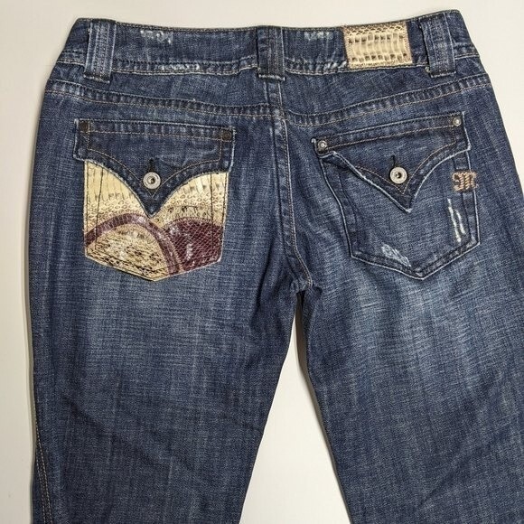 Miss Me Jeans Women 30 Bootcut Snakeskin Pocket Patches Whiskers 2-Button Zip - Picture 5 of 10